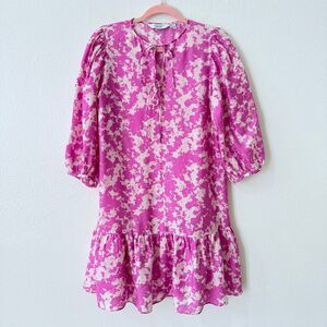 & Other Stories Stockholm Women's Size XS Pink White Loose Fit Puff Sleeve Mini